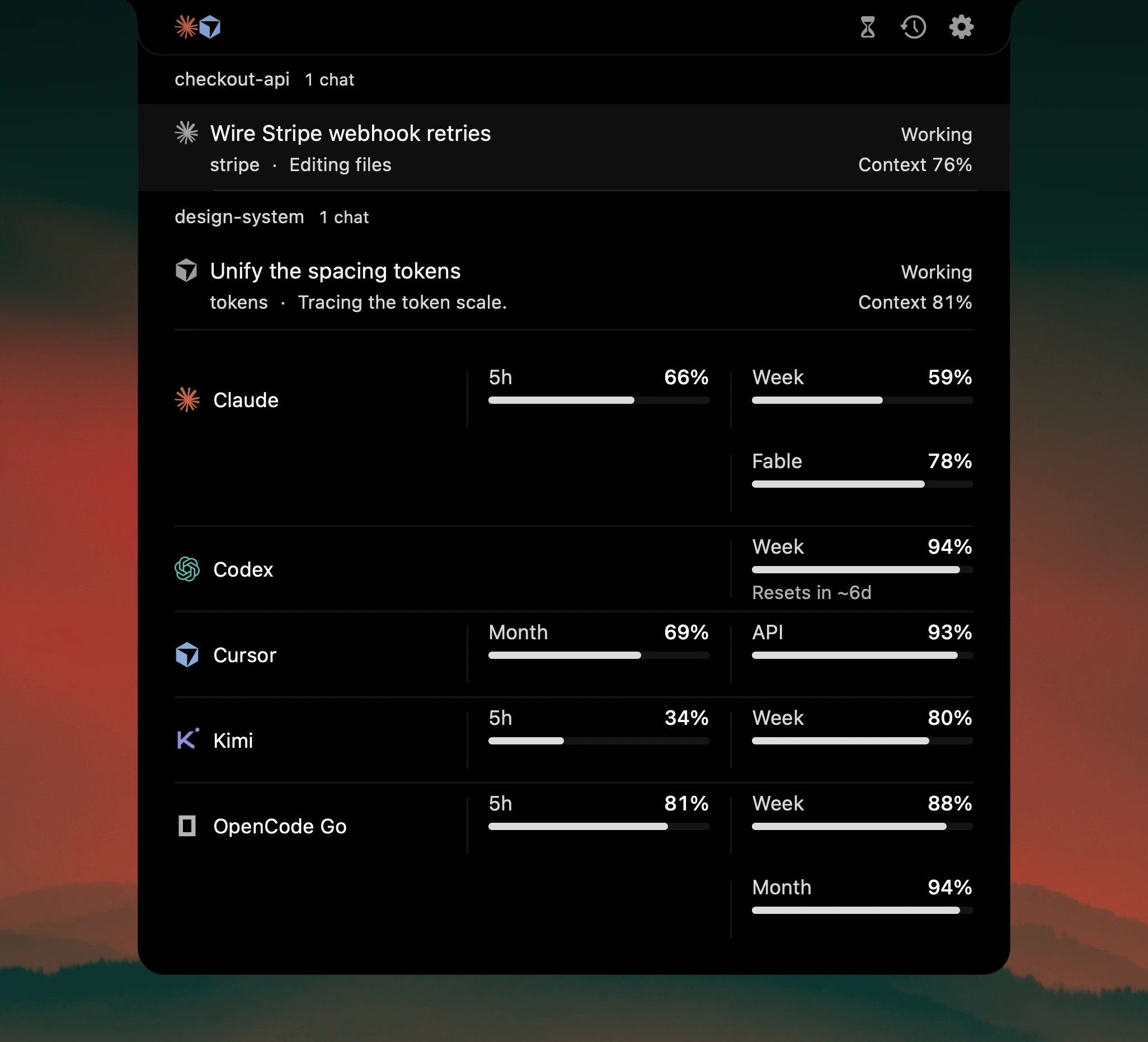 Plan usage for Claude, Codex, Cursor, Kimi, and OpenCode Go